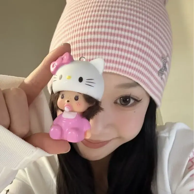 Hello Monchhichi Vinyl Figure Keychain Cute Anime Keyring Car Bag Pendant Desktop Ornament Wedding Gift for Fans Kids