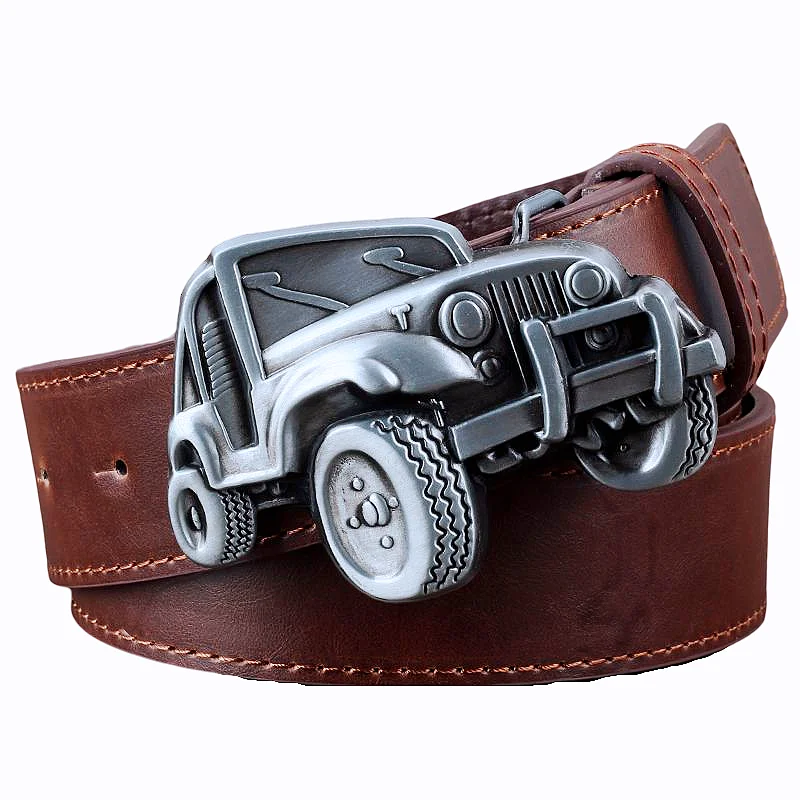 Vintage Car Shape Metal Buckle Men Leather Belt Russian Style Truck Tractor