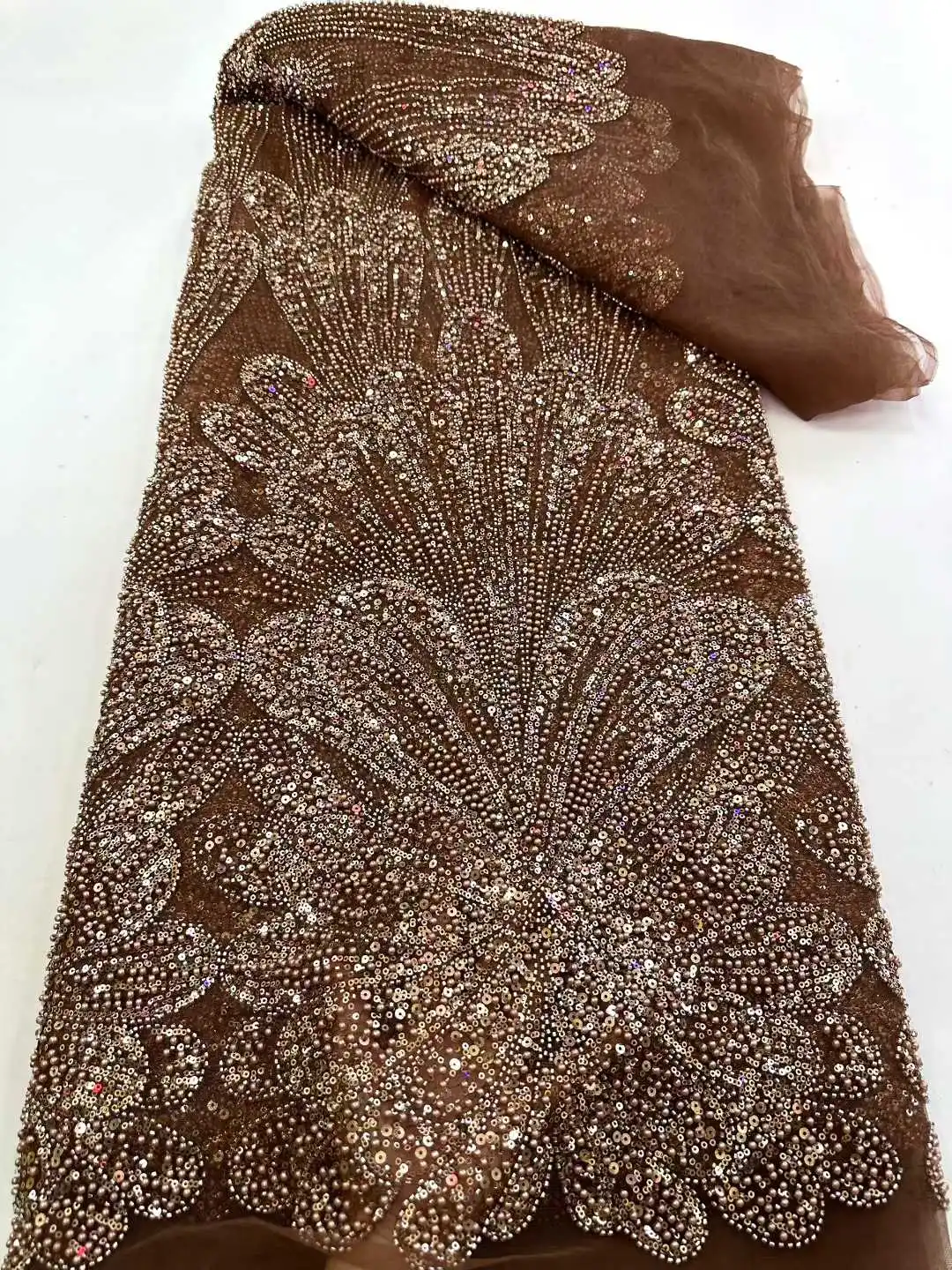 

Роскошная африканская тюлевая ткань с тяжелой вышивкой бисером и пайетками, высококачественная, нигерийская, 5 ярдов, для свадебного платья