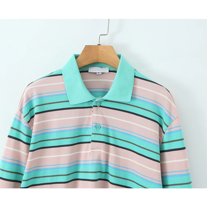 가을 여성 긴팔 라펠 칼라 스트라이프 티셔츠 면 루즈 캐주얼 티