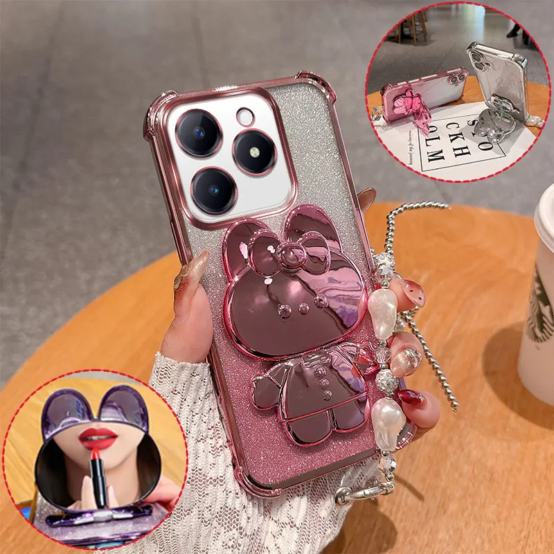 Modische Niedliche Hasen-Spiegel-Ständer-Handyhülle für Realme C63 C61 4G C65S Narzo N63 Note 60 Glitzer Anti-Sturz-Hülle mit Perlenkette