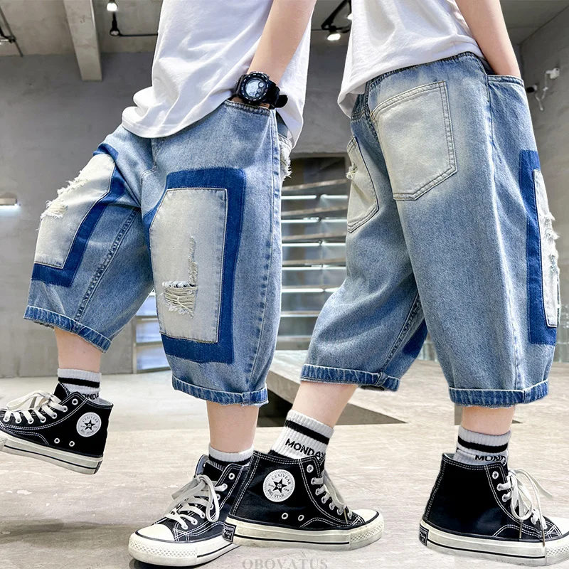 Fancy Kids Designer Summer Ripped Mid-Calf Denim Shorts for Child Boy Casual Jeans Capris Shorts 5 6 7 8 9 10 11 12 13 14 Years
