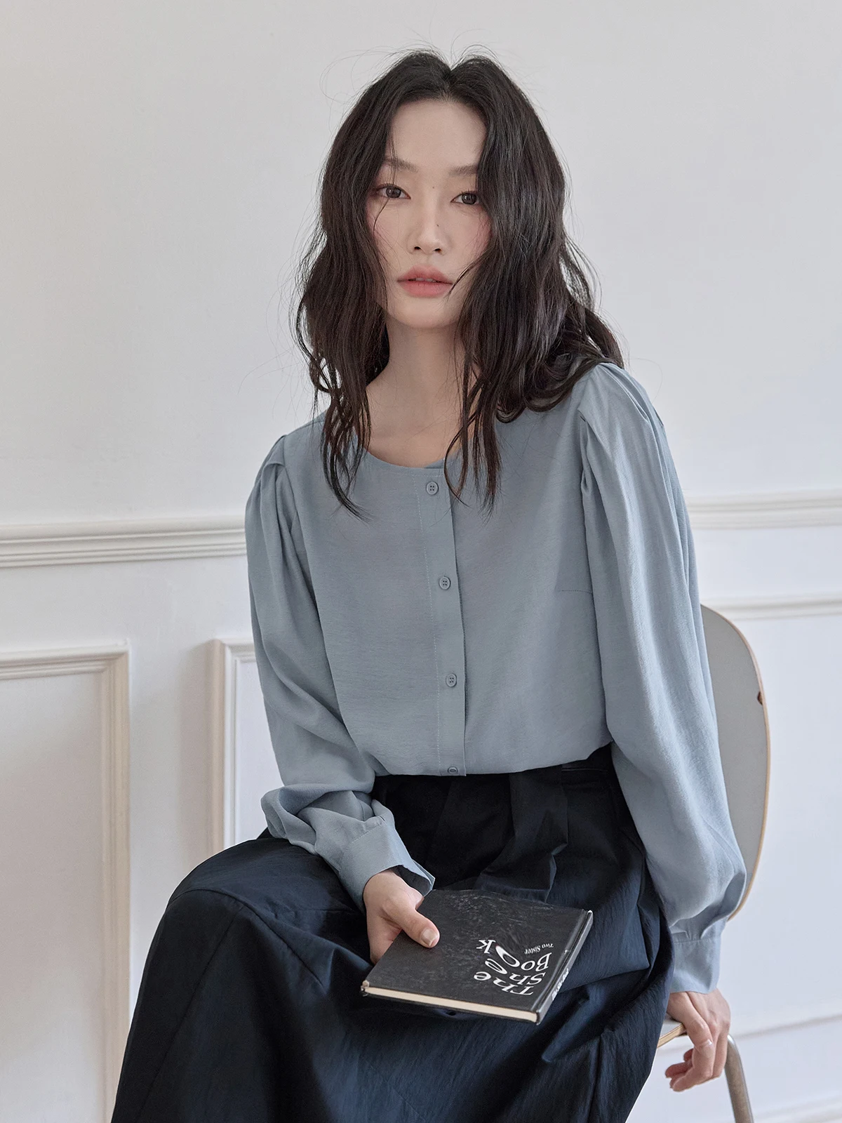 

Ele Simple Chic Long Sve round Ne irt Women's Faion Spring New Sle Commute Korean Version Breathable Comfortable
