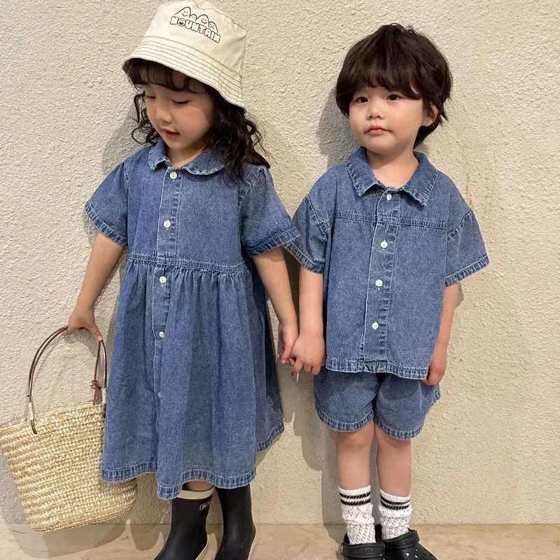 

Summer Children Denim Outfit New Turn Down Collar Short Sleeves Tee+loose Shorts Suit Casual Soft Kid Girls Fashion Dress