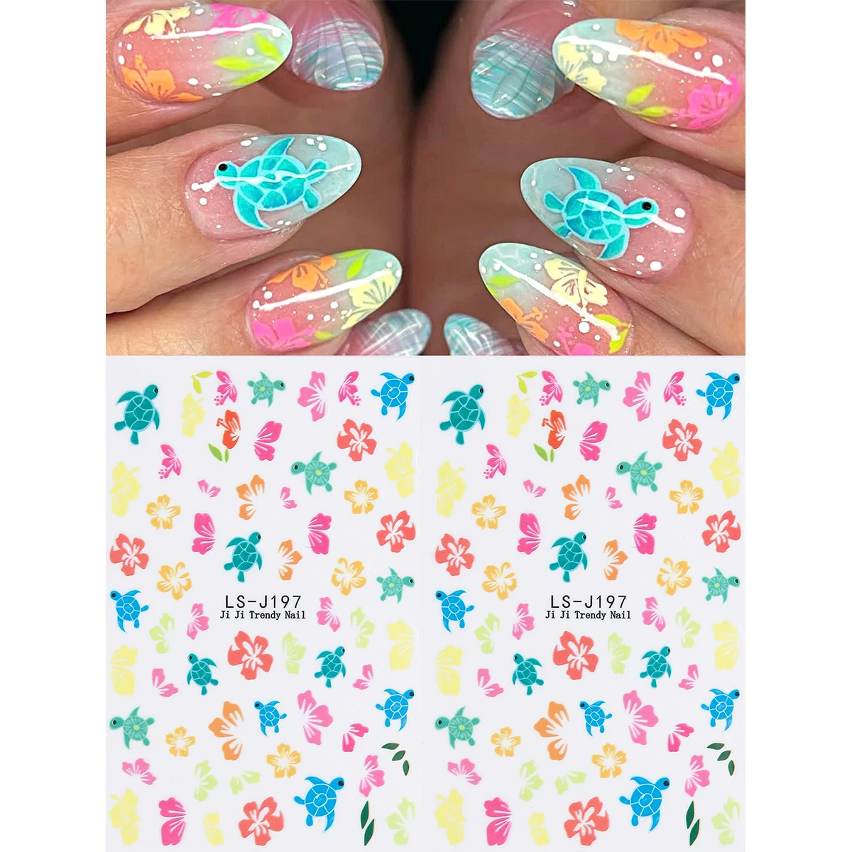 Tropical Ocean Life Nail Stickers – Self-Adhesive Summer Beach Designs Featuring Starfish, Sea Turtle and Plumeria