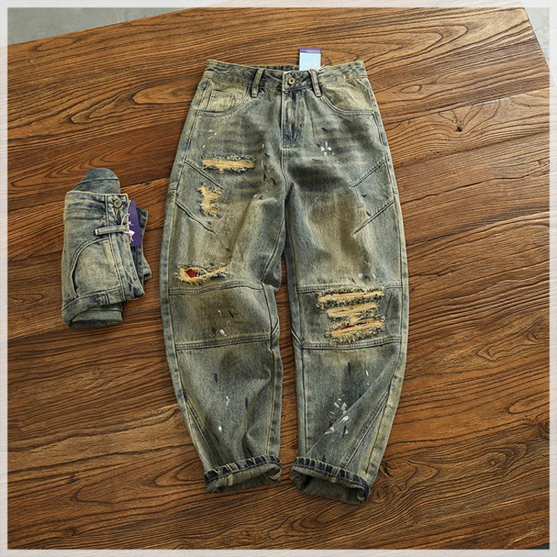 

Retro 2205 Autumn/Winter New Men's Clothing Jeans Men's Loose Splicing Old Heavy Weight Denim Pants