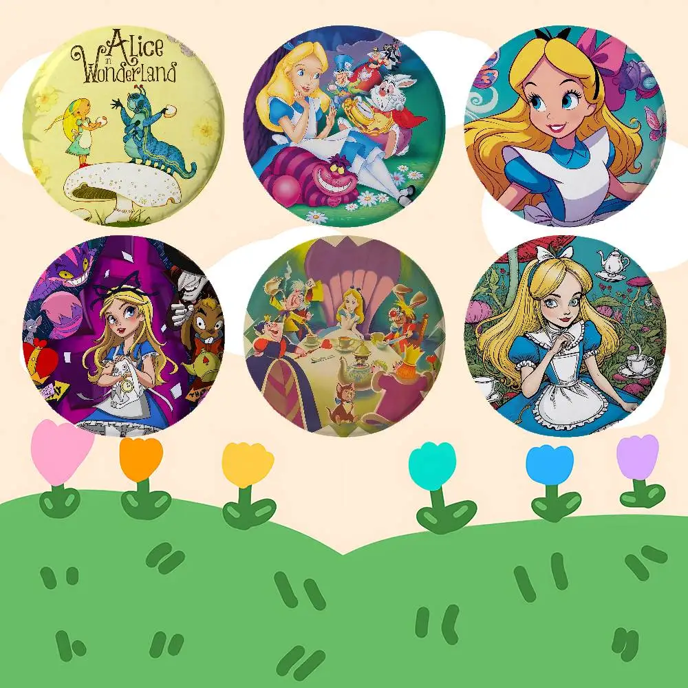 Cartoon A-Alice In W-Wonderland Anime Round Laser Badge Cartoon Brooch Clothes Backpack Accessories Lapel view 2