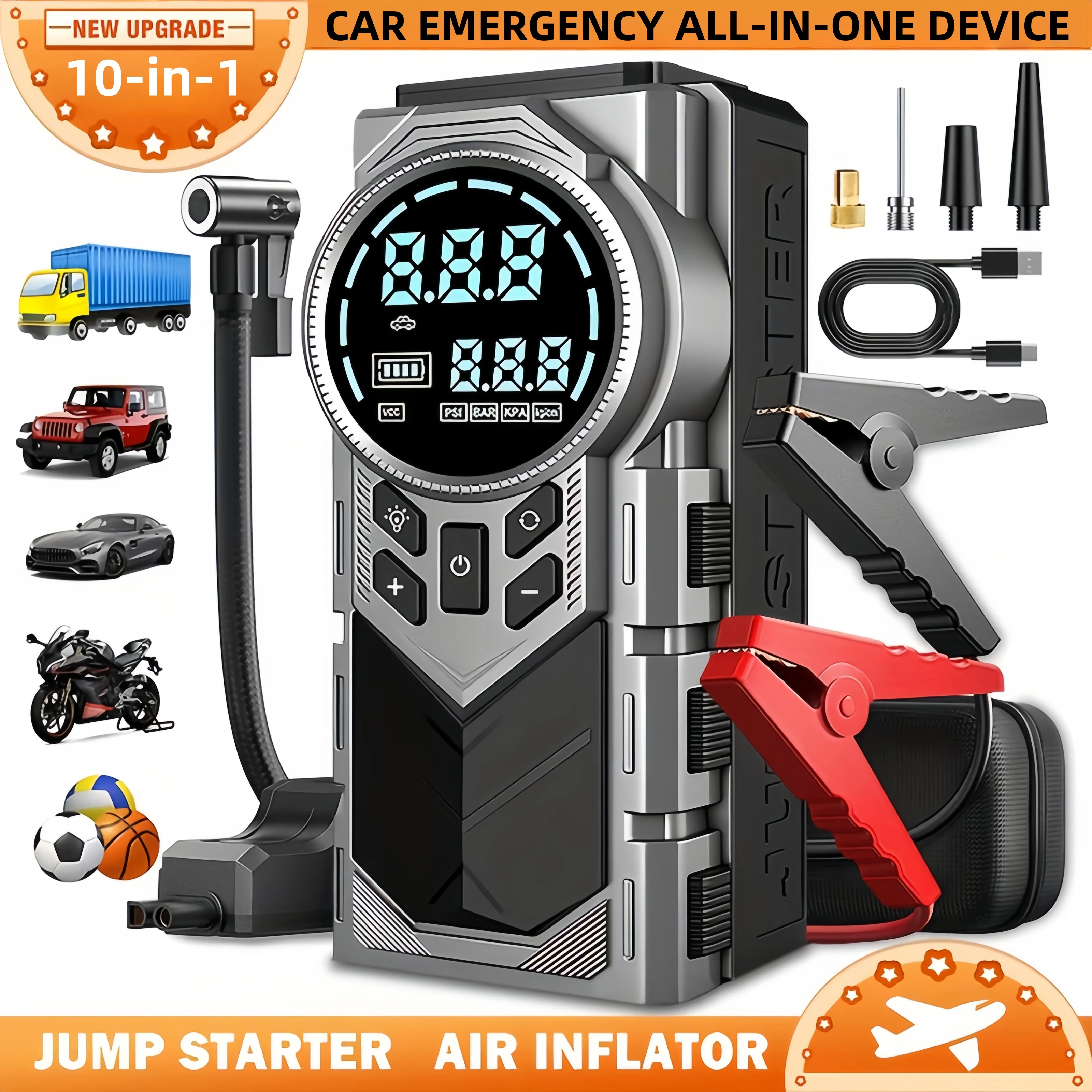 

8000A Enhanced Car Battery Charger, 180Psi Digital Tire Air Compressor, 10-in-1 Car Emergency Jump Starter, 12V Jump Starter Cable and Connecting Wires