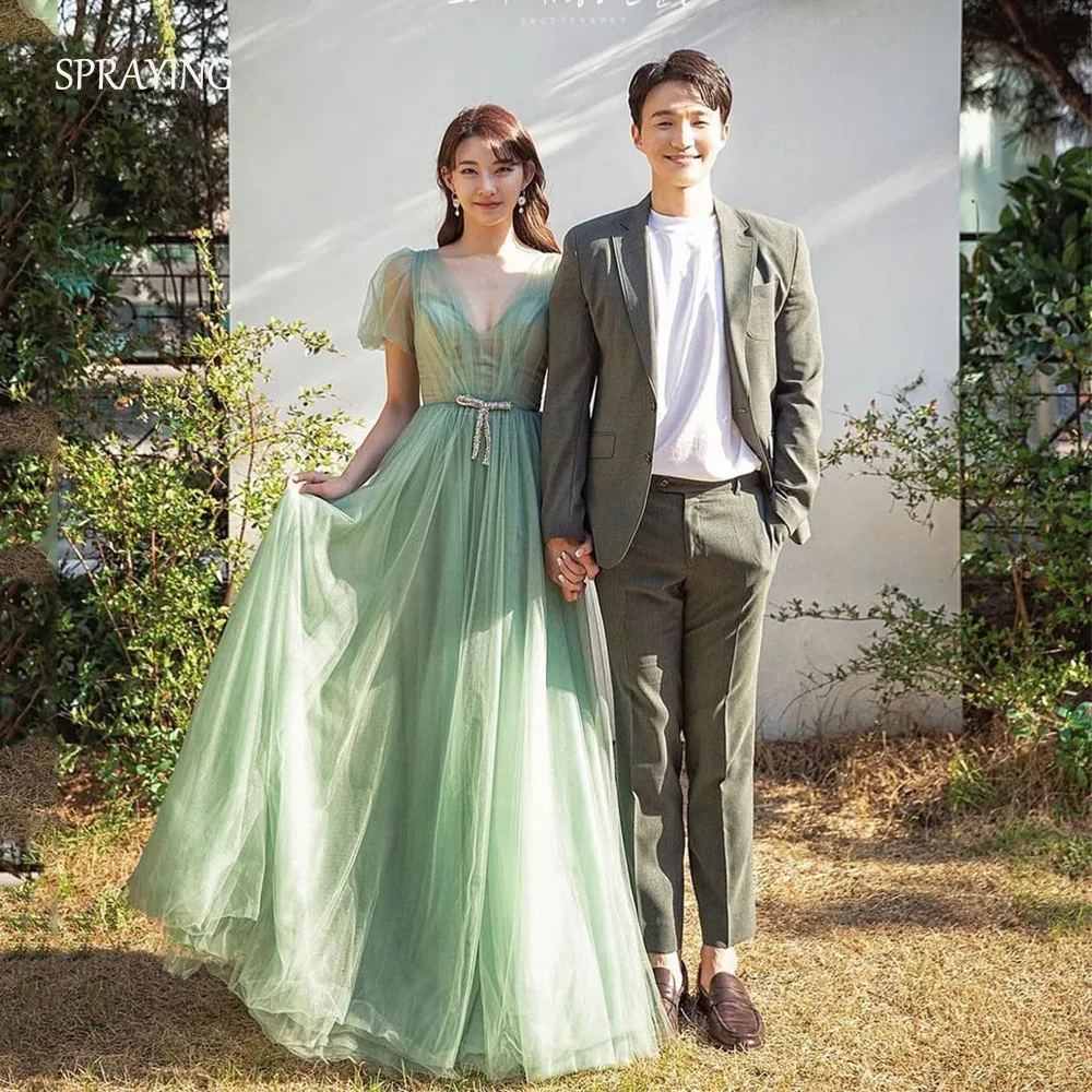 

SPRAYING Green Tulle Evening Dress Korea Wedding Photo Shoot V Neck Puff Sleeves Long Bridal Party Dress Corset Customized 2026
