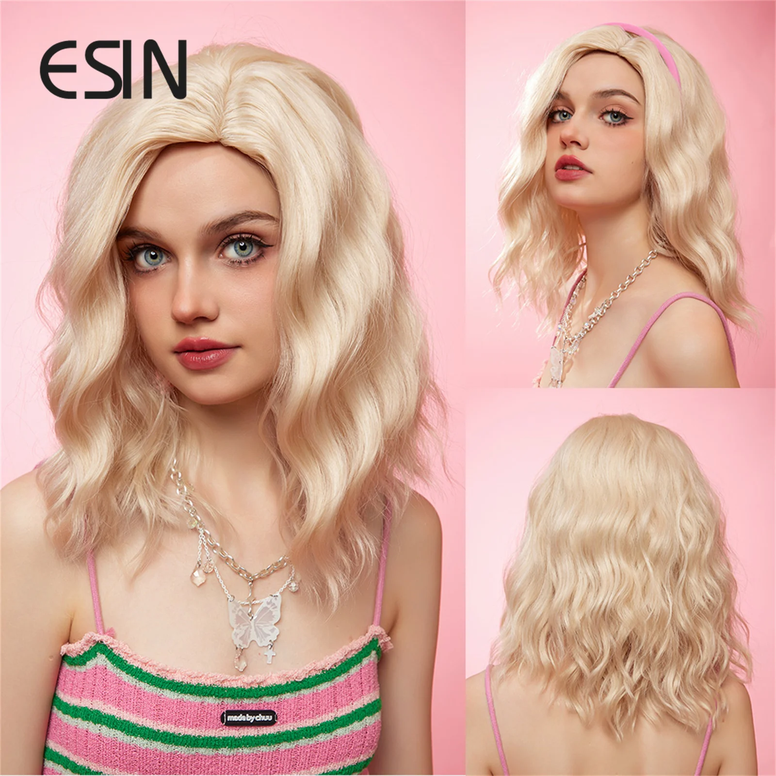 ESIN Synthetic Barbie Wig Wavy Blonde Color Middle Part Bob Wigs for Women Natural Party Heat Resistant