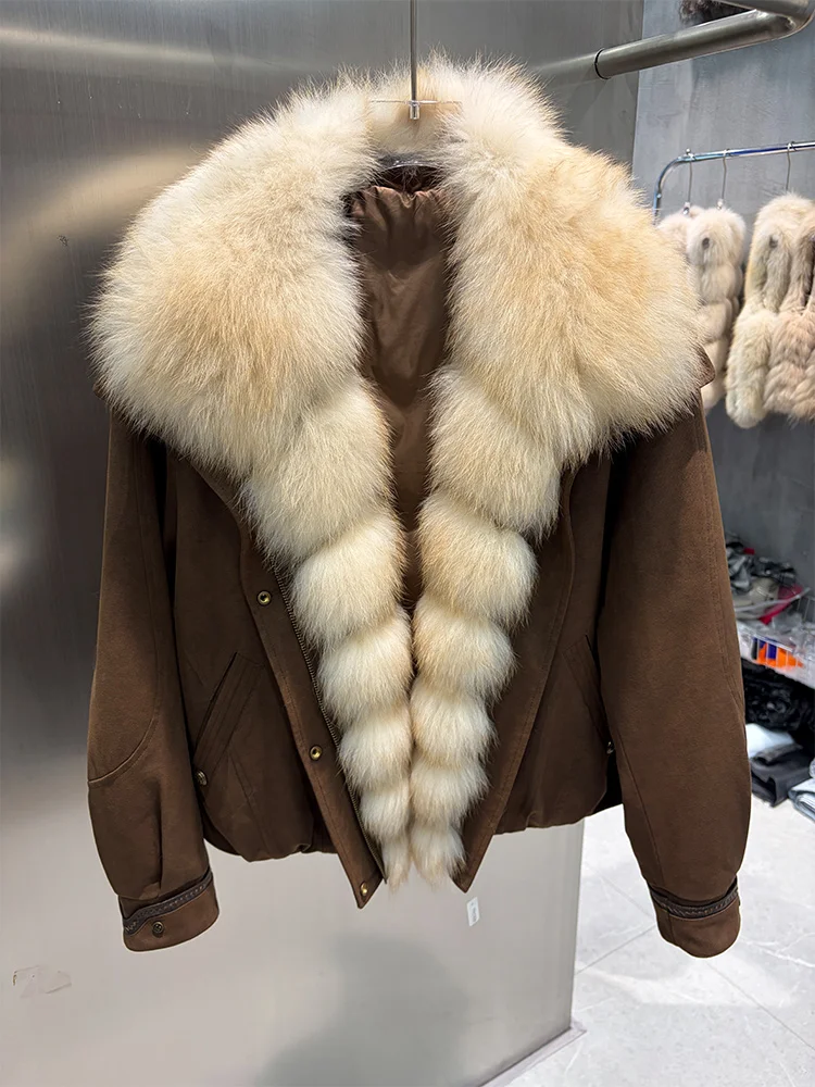 2026 Ladies Real Fox Fur Collar Faux Suede Goose Down Coat Cropped Jacket Loose Fit Winter Warm Fashion Outerwear