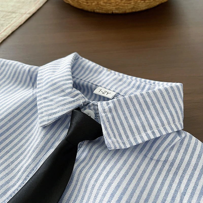 Baby-Jungen-Gentleman-Outfit-Set, Langarm-Hemd mit Streifen und künstlicher Krawatte + schwarze Hose, formelle Kleidung für Kleinkinder und Säuglinge – Detail 5