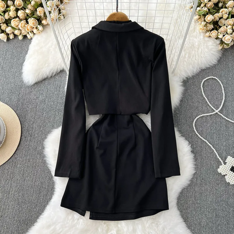 Two Piece Set Women High Street Black Short Suit Jacket And Straps Dress 2 Piece Set Female Chain Decoration Fashion Suits