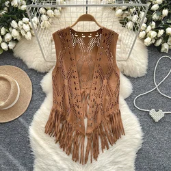 Vintage Bohemian Casual Distressed Sleeveless Chic Hollow Out Sweet Elegant Korean Fashion Basics Women Office Lady Autumn Top