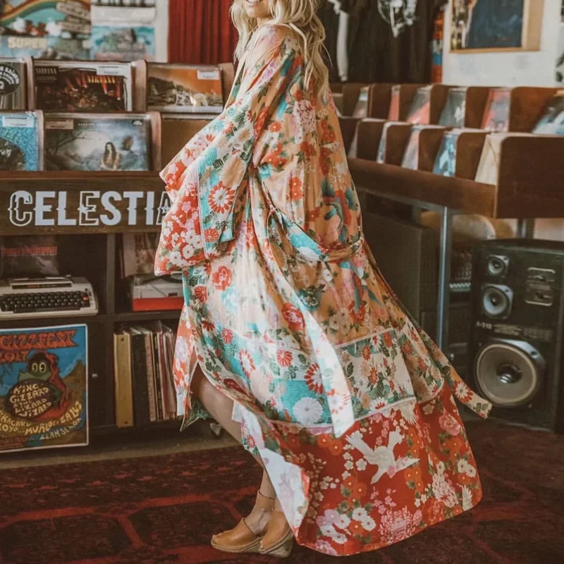 New Arrival Summer Women Casual Loose Flare Sleeve Long Jackets Loose Floral V-neck Open Stitch Chiffon Outerwear & Coats T118