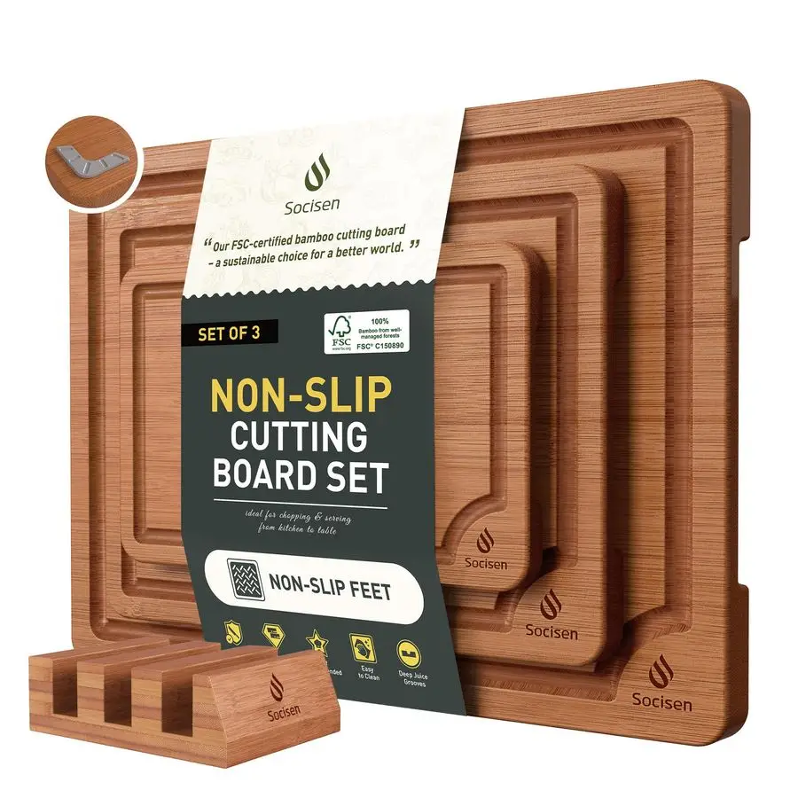 

Packs Bamboo Cutting Board Set with Non Slip Feet Holder and Over Sink Nice Solid Thick Wood Juice Groove Chopping Board Extra L