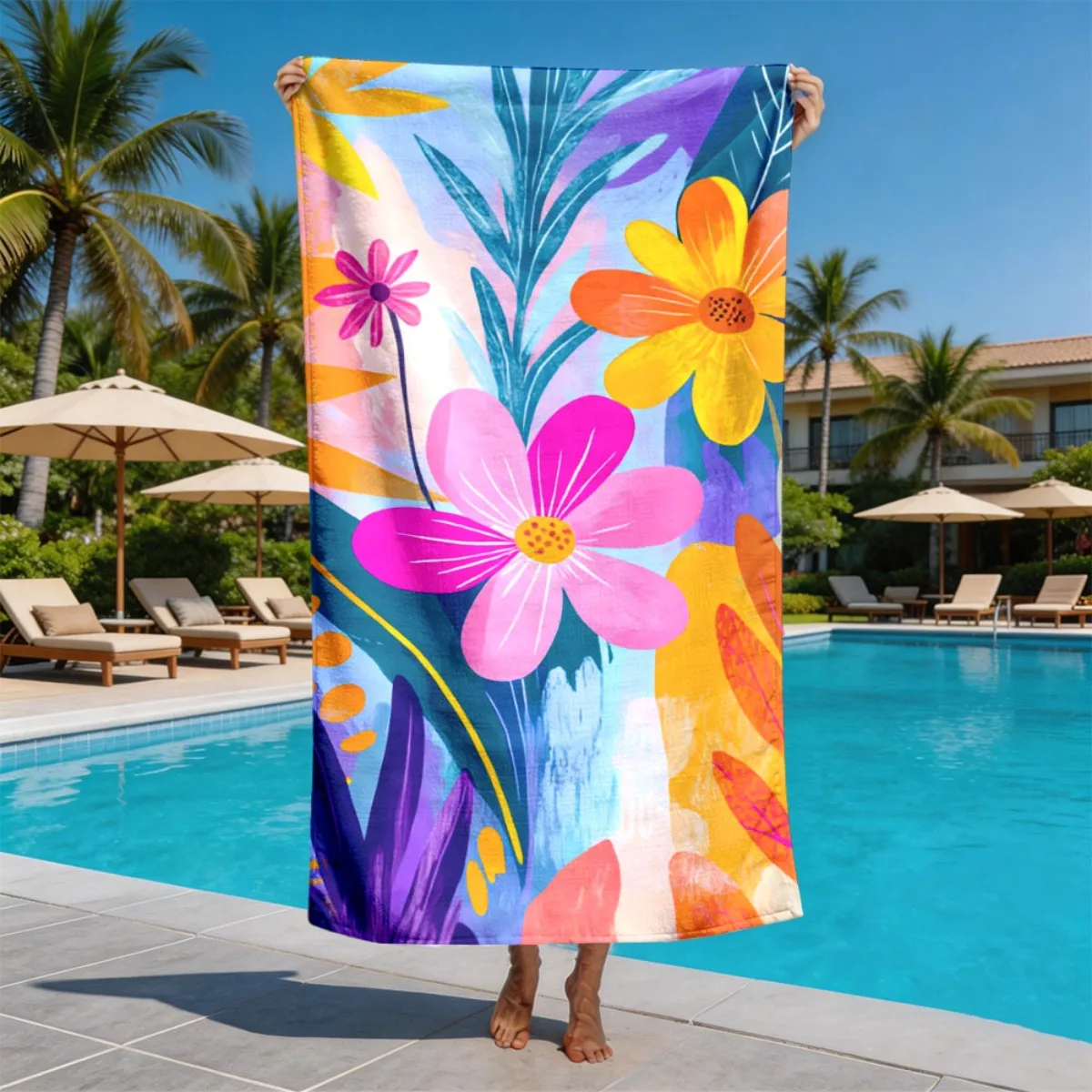 Tropical Macaron Gradient Flower Theme polyester microfiber beach towel highly absorbent suitable for swimming and beach outings