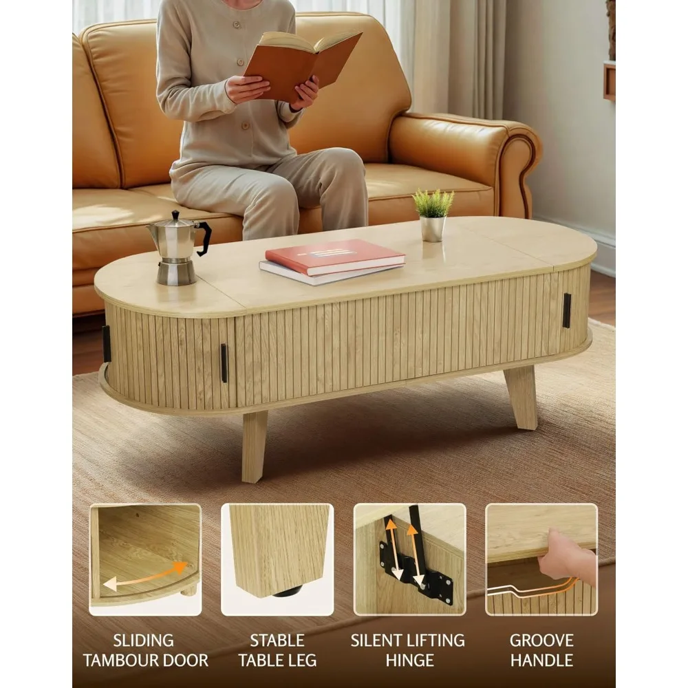 Mesa de centro moderna de madera estriada con almacenamiento superior elevable, muebles de sala de estar de 47,2 pulgadas, 180 °   Parte superior deslizante para versatilidad