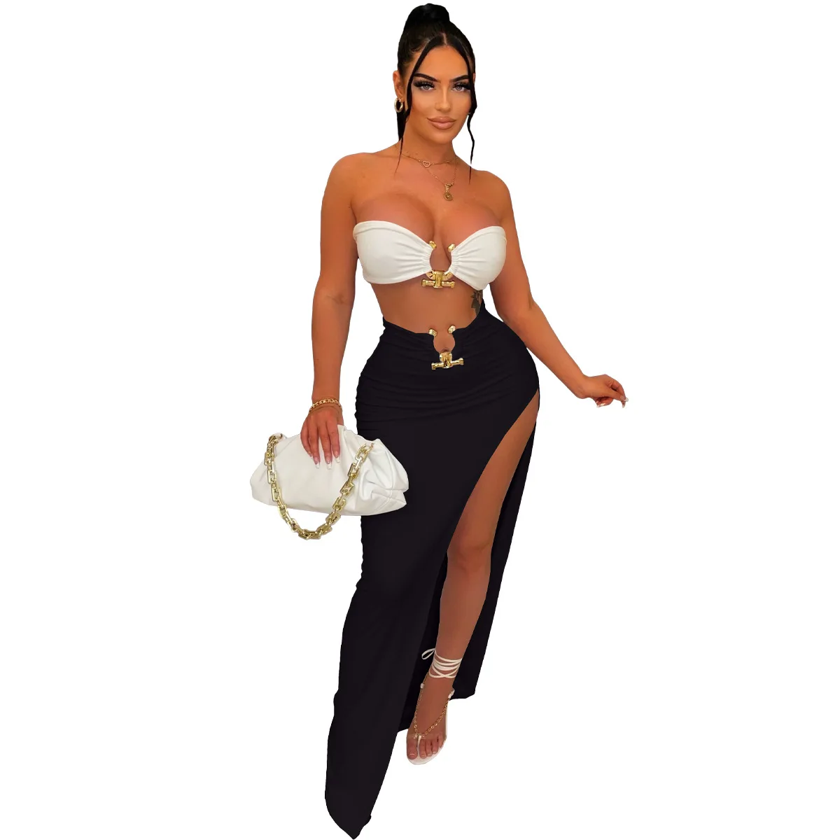 Strapless Crop Top Summer Sexy Slit Maxi Dress High Waist Two Pieces Suits Women Fashion Streetwear