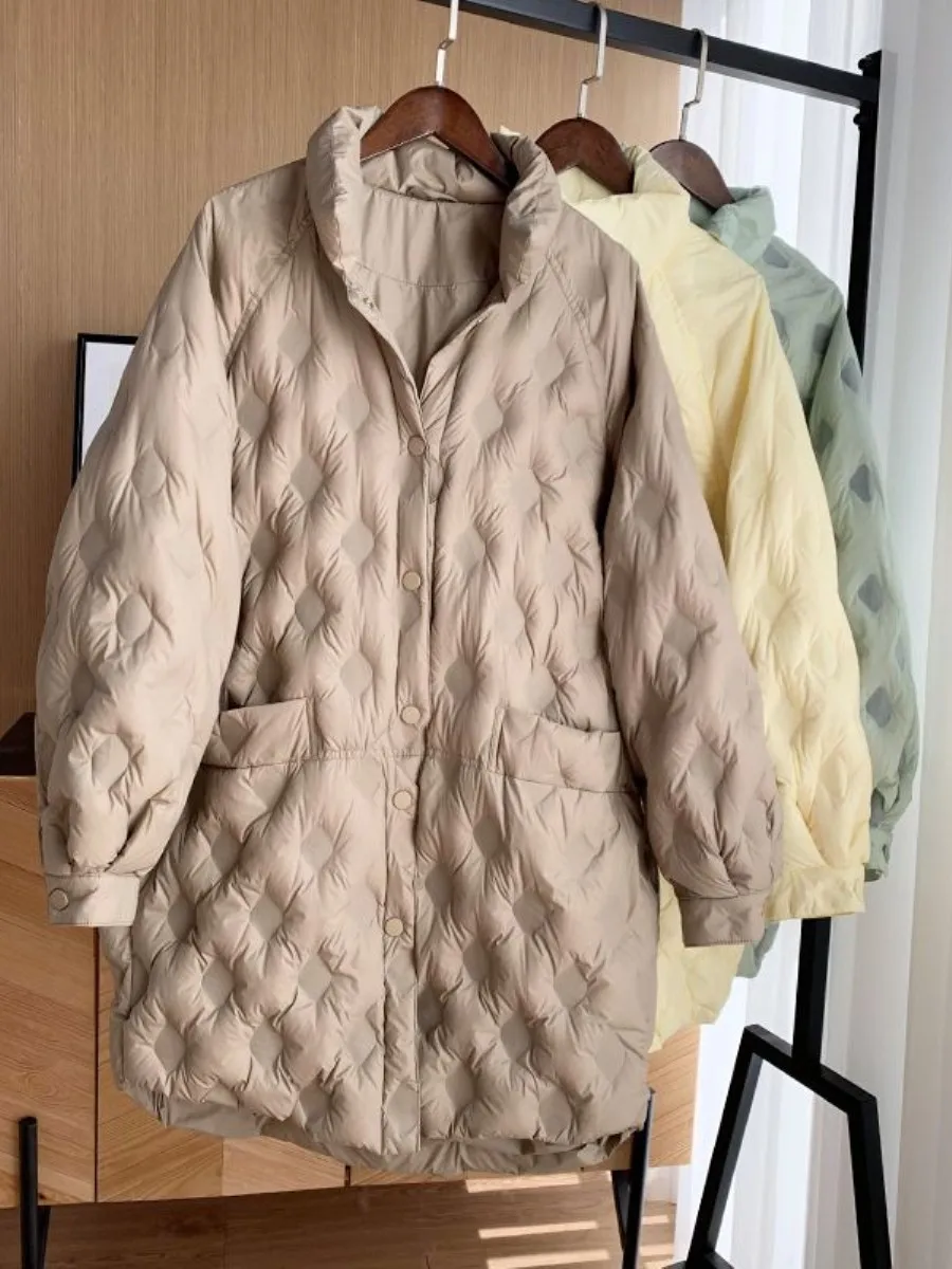 

Lightweight Comfortable White Duck down Jacket Autumn Winter Pressed Glue Medium Length Single Button Coat with Ear Covers