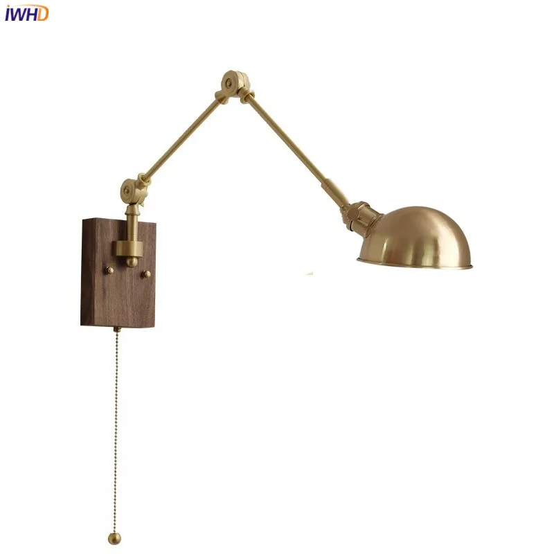 IWHD Pull Chain Switch LED Wall Light Fixtures Copper Long Arm Walnut Home Indoor Lighting Nordic Modern Wandlamp Luminaria