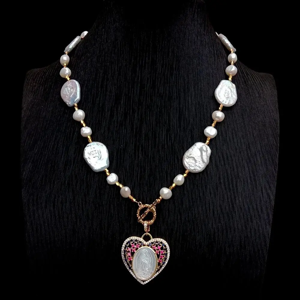 Y.YING White Cultured Keshi Pearl Choker Necklace Mop Carved Virgin Mary Cz Pendant
