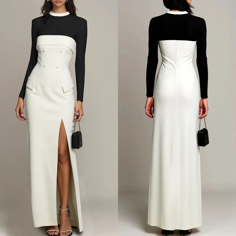 High Quality Customized High Collar Ankle Length Color Contrast Full Sleeves Buttons High Fork Robe Pour Mariage Invité Vestidos