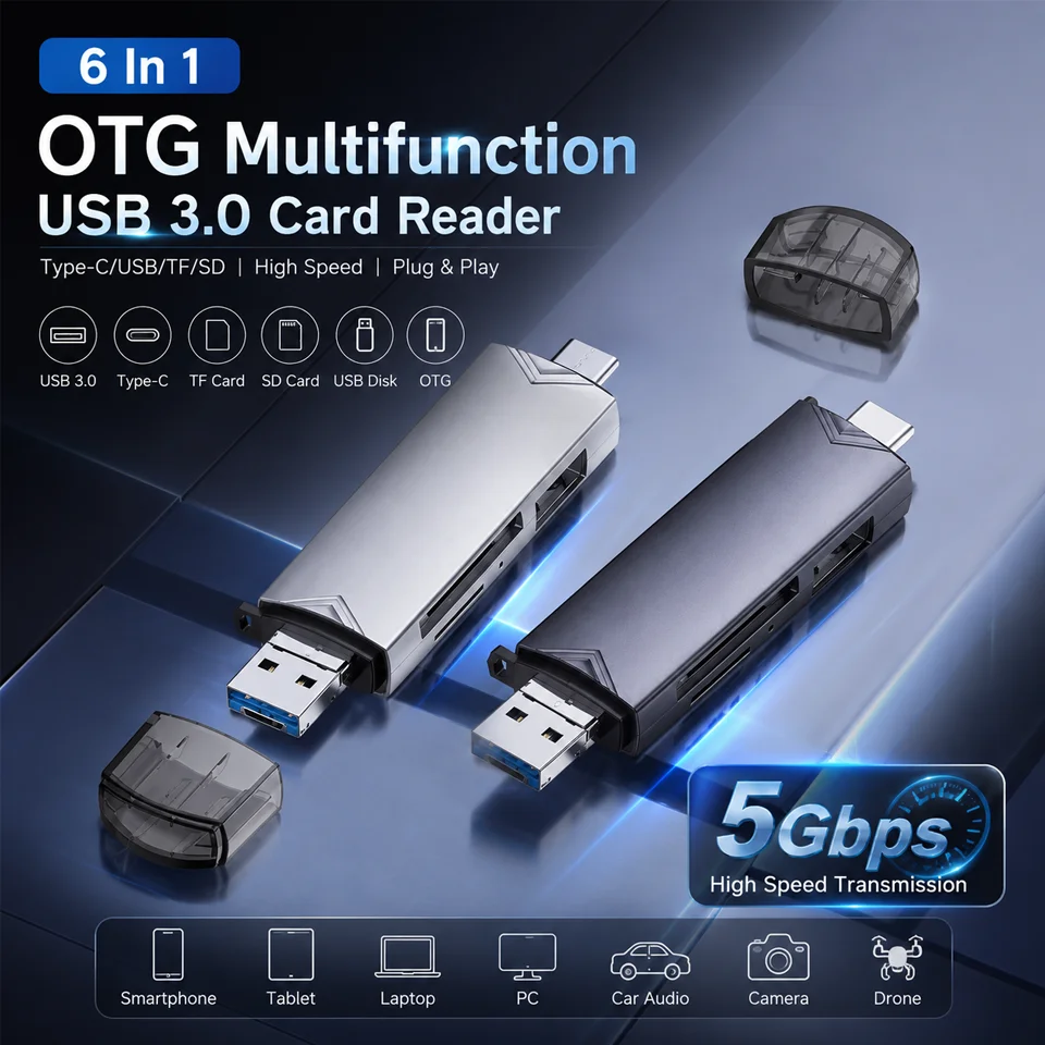 6 In 1 USB Typ-C Adapter TF SD Memory Card Reader OTG USB C Card Connector For iPhone 17 16 15 Pro Max Plus For Samsung Xiaomi