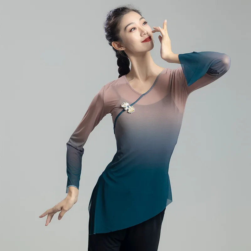Classical Dance Top Women Gradual Flowing Gauze Clothes Chinese Dance Practice Costume Chinese Knot Folk Dance Fairy Mesh Top