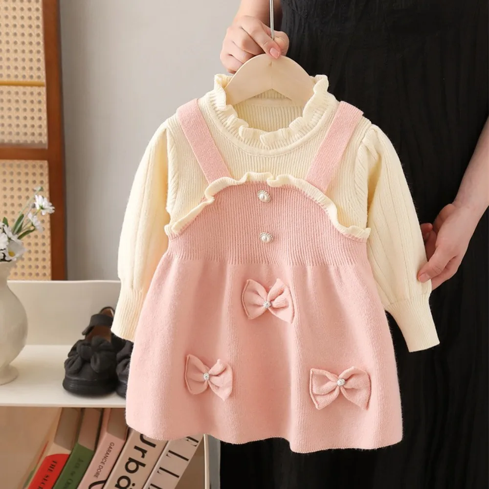 Bear Leader Girls' Sweater Dresses 2025 Autumn and Winter New Fashion Fake Two-piece Color Blocked Bow Christmas Dress