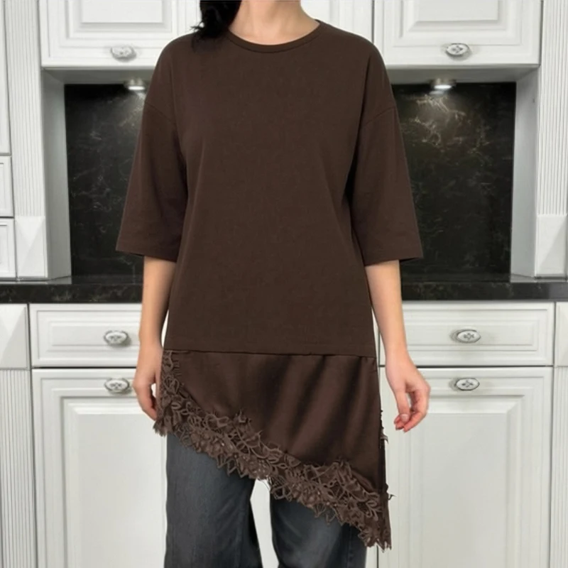 HXAO Braunes Spitzen-T-Shirt-Oberteil für Damen, Sommer, kurzärmelig, langes Damen-T-Shirt, asymmetrisch, locker, schwarz, cremefarben, Damen-T-Shirts – Detail 20