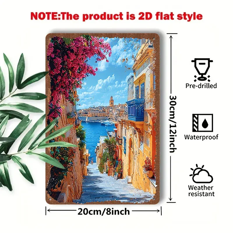 2D Flat - This 1pc 2D [Flat] Metal Sign Titled 'Mediterranean Street Scene' Measures 8X12 Inches (20X30 Cm) And Features a Vibra