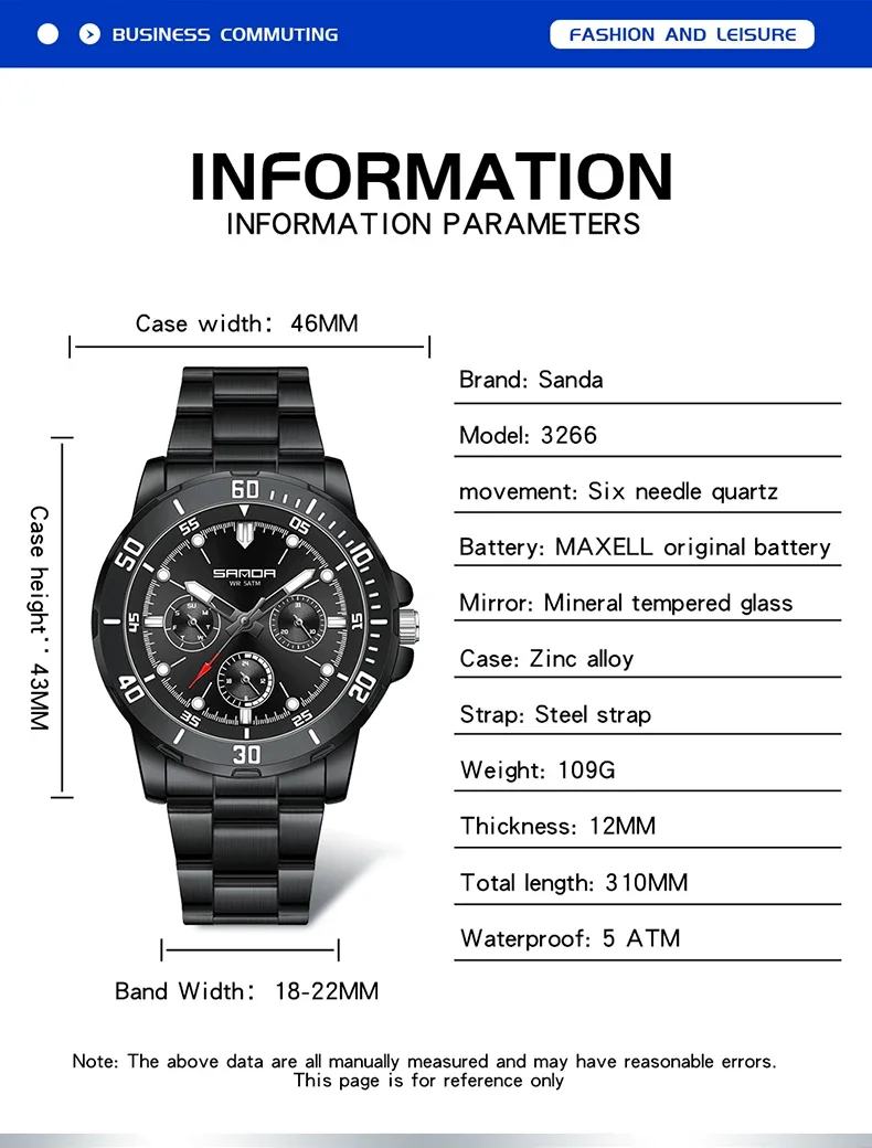 SANDA New SD3266 Luxus-Herrenuhr, großes Zifferblatt, multifunktionale, wasserdichte Nachtlicht-Kalenderuhr