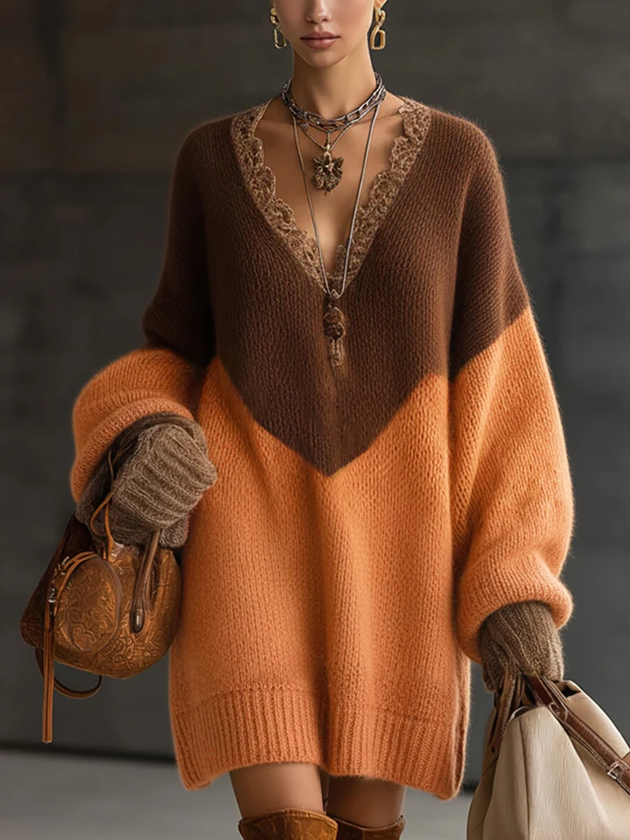 Gestricktes Pulloverkleid für Damen, Farbblock, sexy V-Ausschnitt, lässig, locker, lange Ärmel, Vintage, Oversize, Pullover-Minikleid 2026