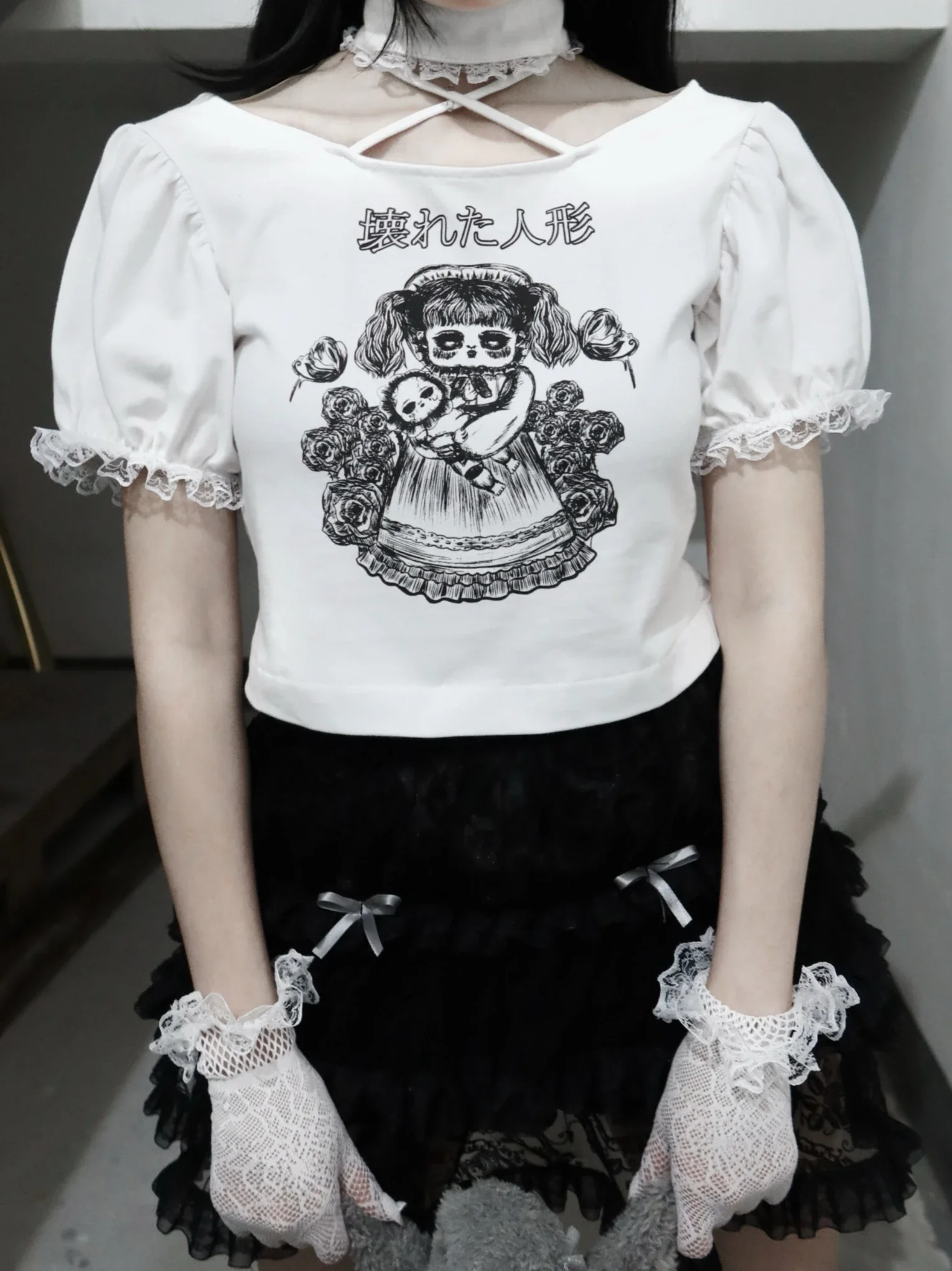 Original Design Dark Gothic Lace Halter Cross Neck Printed Japanese Cartoon Short Sleeve Lace Patch Short Tshirt White Top Tees