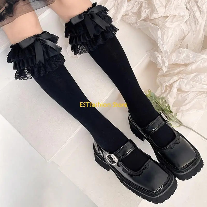 

Y5GC, 1 пара носков до колена в стиле Лолиты для женщин и девочек, черные, белые, с рюшами и бантом