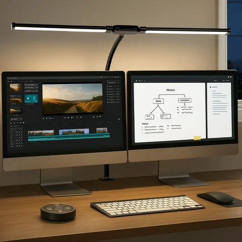 Double Head Scissor Arm LED Desk Lamp with Clamp Dimmable 3 Color Modes 10 Brightness Eye-Caring Architect Light, USB Adjustable Monitor Lamp for Office Study Gaming Reading Workbench