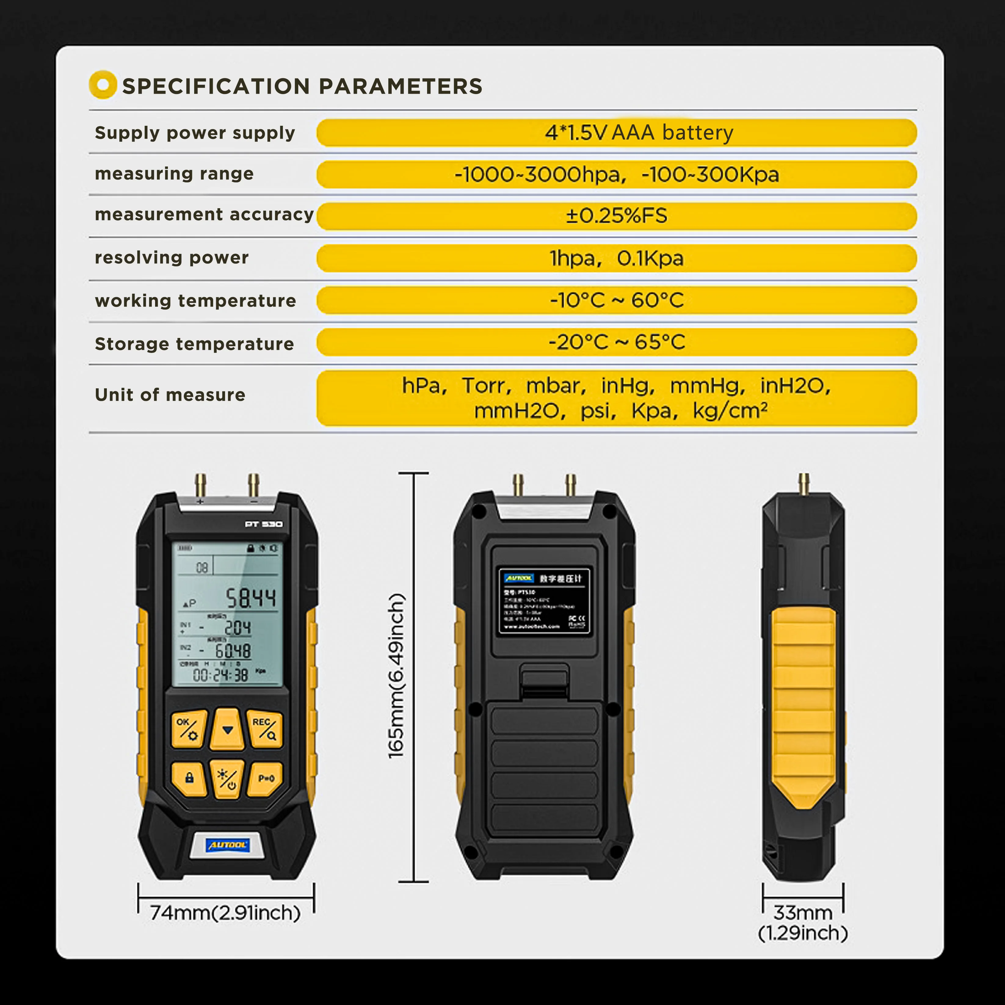 PT530 Digital Manometer Gauge 5V English Language Battery Tester Measures Positive Negative 100-300 Kpa Ga s Pressure