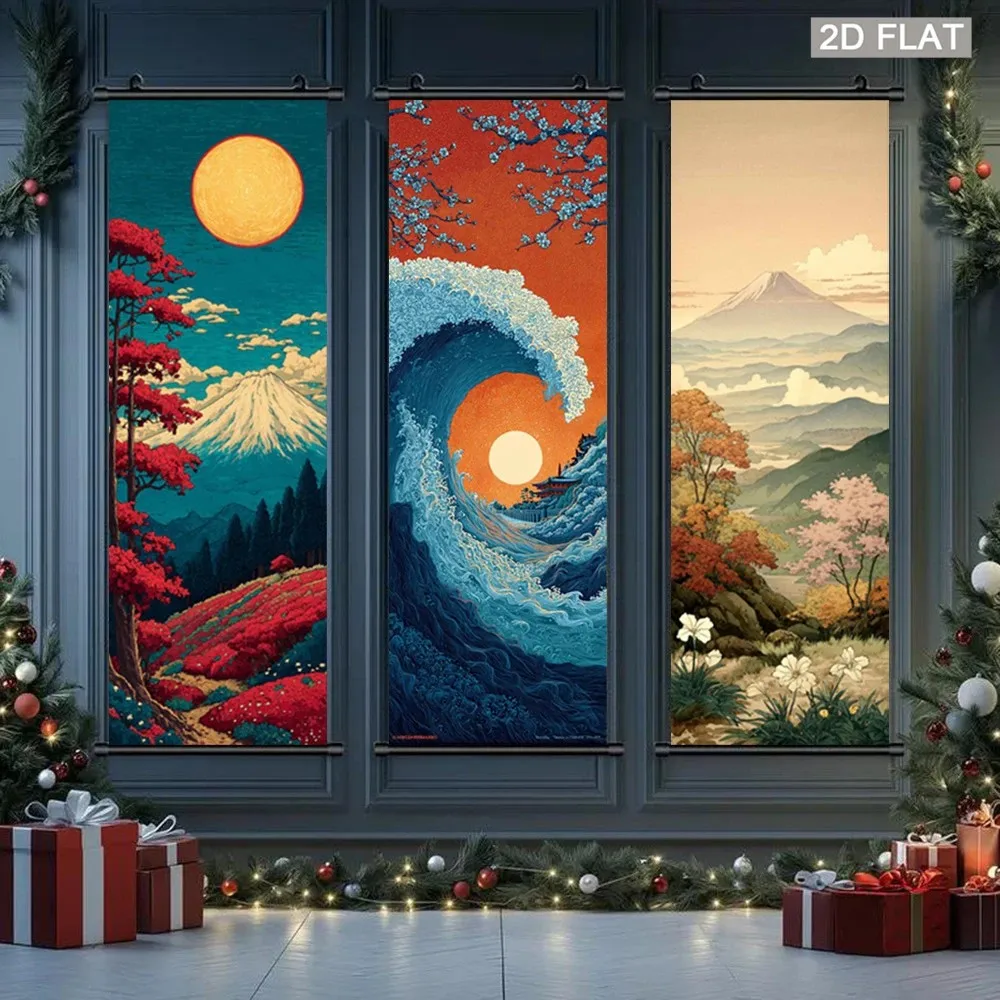 VIKAMA Japanese Mount Fuji Ocean Wave 3 Piece Wall Scroll Tapestry Set Sunrise Landscape Wall Art Decor for Living Room Bedroom
