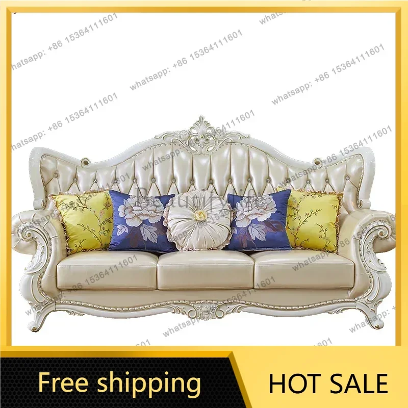 XX.European Style Leather Sofa Living Room Combination Solid Wood Leather Simple European Small Family Villa Retro Modern Apartm