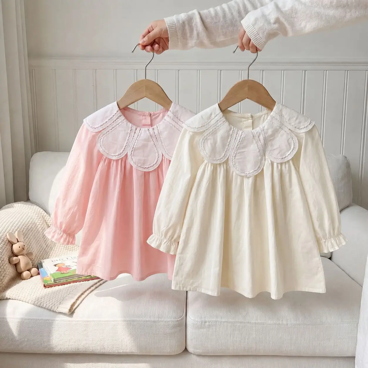 Girls' Autumn Pink Doll Neck Dress Children's Loose Long Sleeve Versatile Birthday Dress Sweet A-line Princess Dresses