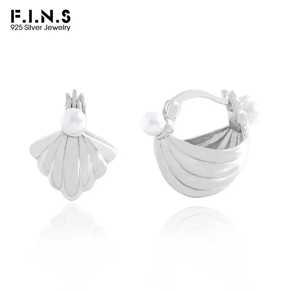 F.I.N.S-pendientes tipo botón de plata fina con perlas de concha, diseño de lujo, serie con diseño marino, Piercing, hebillas para las orejas, joyería fina de moda