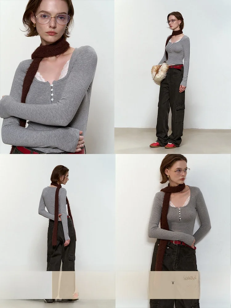 

Женская футболка Ele с кружевной отделкой, длинными рукавами, облегающего кроя, с квадратным воротником, из смесового хлопка от CECI North Sea Lovers