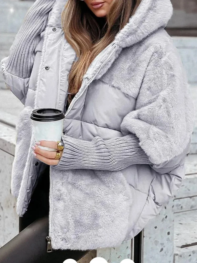 Chaqueta con capucha elegante y cómoda para invierno, abrigo holgado con cremallera, abrigo de algodón para mujer, Parka con mangas acanaladas elásticas, abrigo empalmado de piel sintética