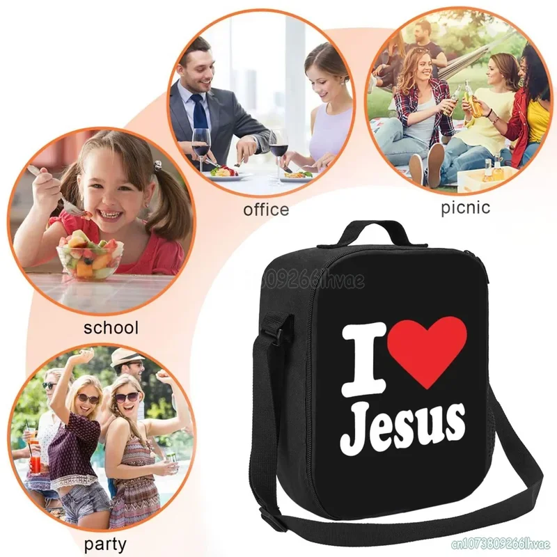 Sacola Isolada para Adultos e Crianças I Love Jesus, Reutilizável, Impermeável, À Prova de Vazamentos, Oxford Cooler, Bento Tote Bags com Alça de Ombro