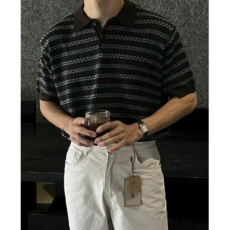 Summer New Fashion Men's Striped Turn-down Collar Short Sleeve Casual Trendy Loose Hollowed Out