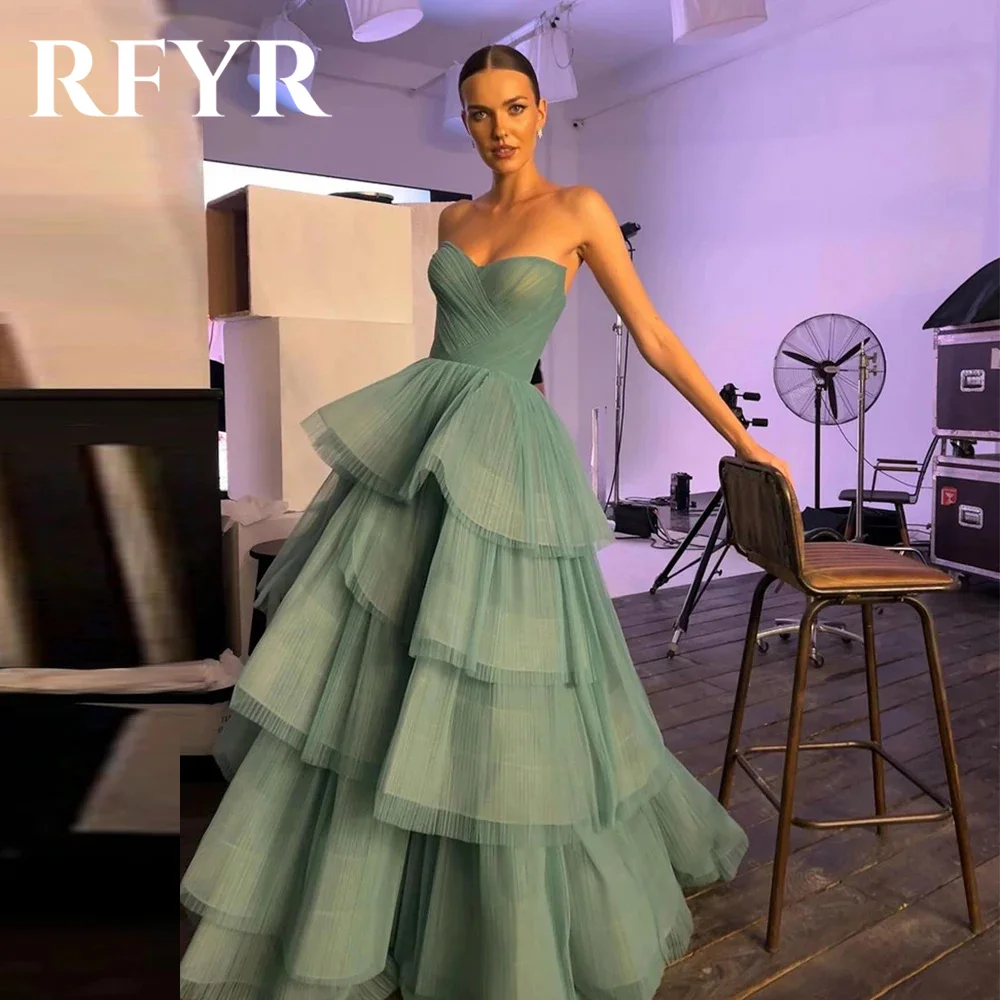 RFYR Vestidos De Noite Verde A linha De Tule Mulheres Prom Vestido Princesa Tiered Plissado Querida Formal فساتين مناسبة رسمية Personalizado