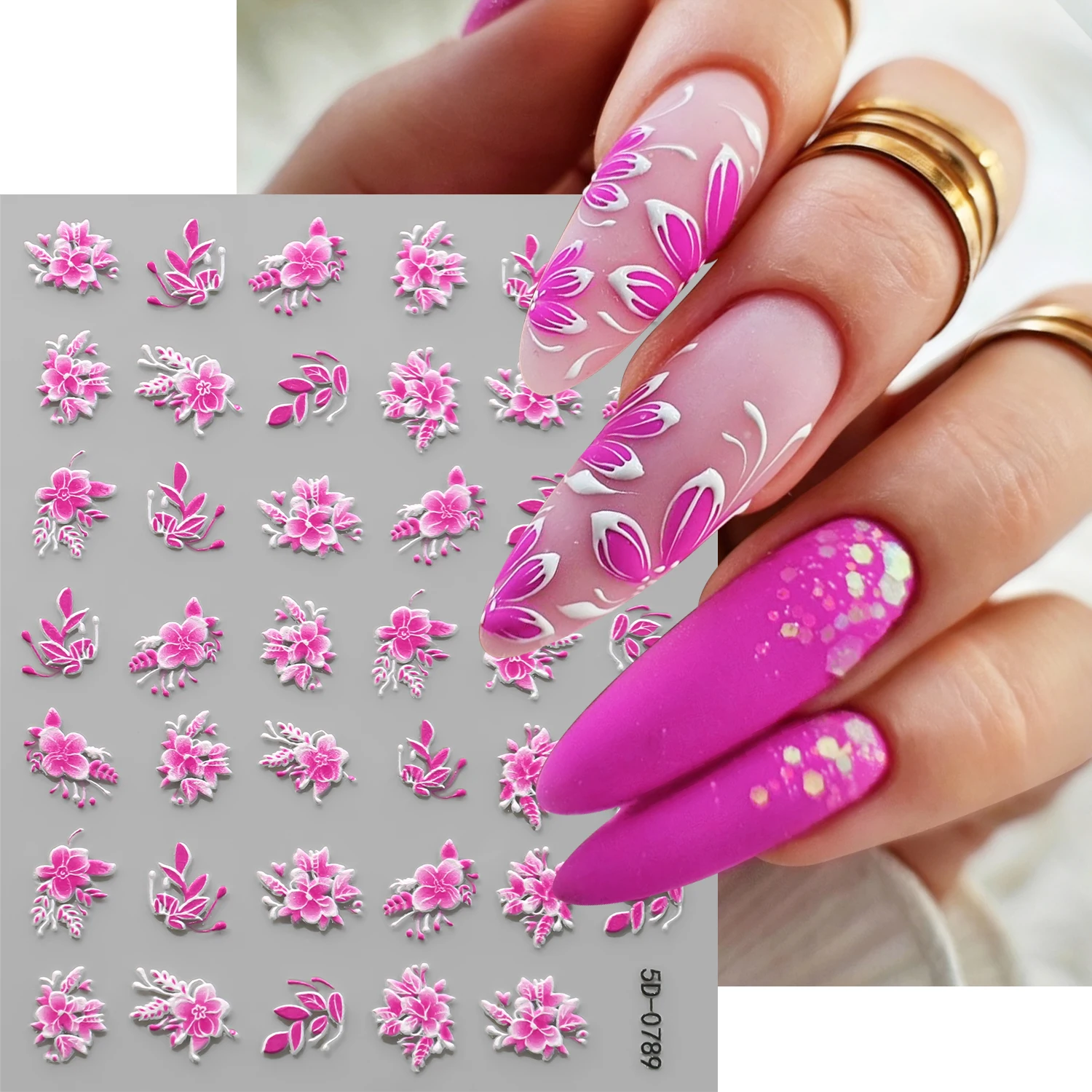 

5D Relief Rose Pink Iris Nail Sticker Summer Pink Blossoms 8*10cm Self-adhesive Floral Manicure Decals for Women Nail Decoration