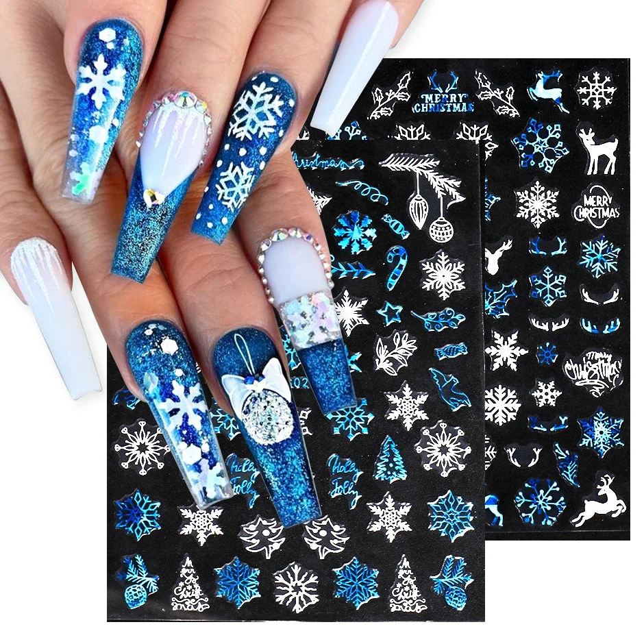 Laser Blue Winter Snowflakes Nail Polish Sticker 3D Merry Christmas Snowflakes Deer Decal Sparkly White Manicure Decor LYSW-G020