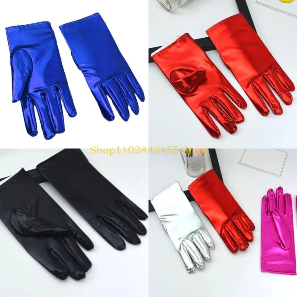 49MC Women Faux Pantent Leather Spandex Short Gloves Shiny Metallic Color Mittens Stage Performace Cosplay Costume